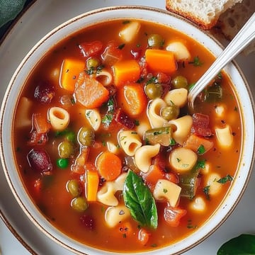 A bowl of flavorful vegetable and pasta soup garnished with fresh herbs, accompanied by a slice of bread.