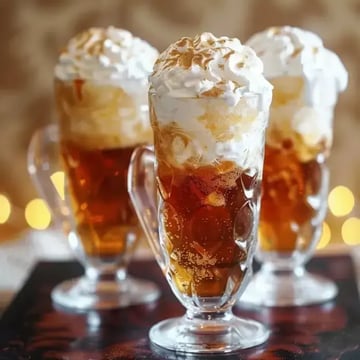 Three glasses filled with fizzy brown drinks topped with whipped cream and caramel are displayed against a softly lit background.