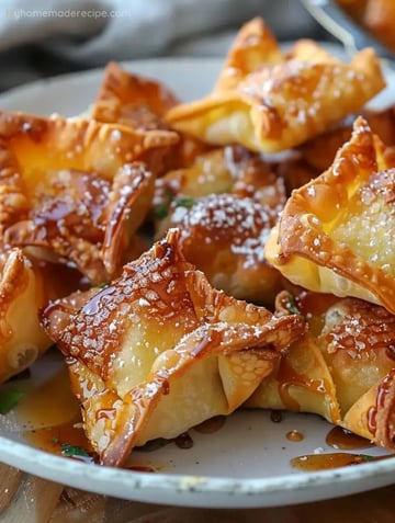 Air Fryer Caramel Apple Wontons dusted with powdered sugar