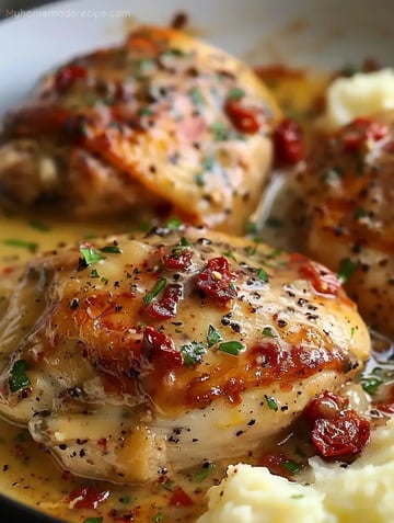 Plate of Marry Me Chicken with mashed potatoes