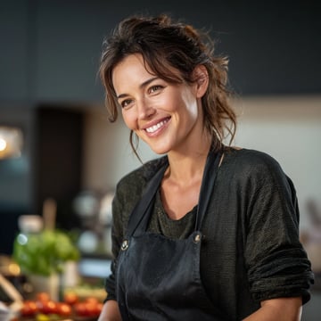 A woman wearing an apron and smiling.