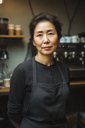 A woman wearing an apron and a black shirt.