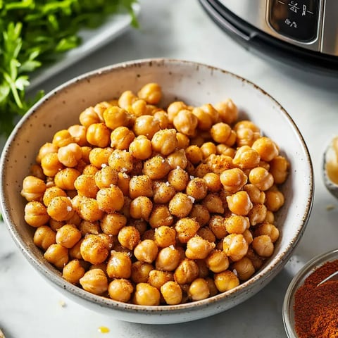 A bowl of seasoned chickpeas is displayed, garnished with spices, alongside fresh herbs and a small bowl of additional spices.