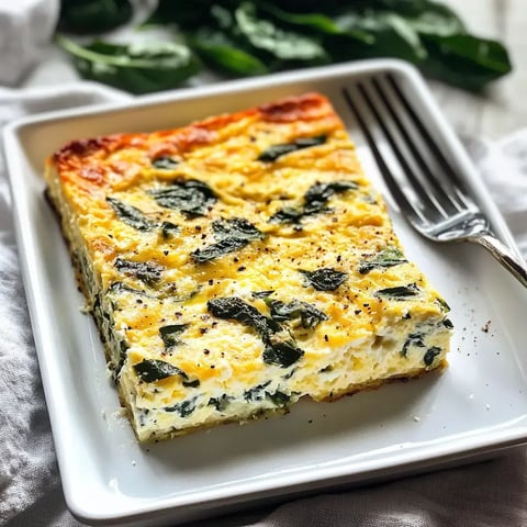 A slice of cheesy spinach frittata served on a white plate with a fork beside it.