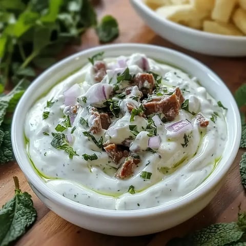 A bowl of yogurt mixture topped with chopped mint, onions, and pieces of meat, surrounded by fresh mint leaves.