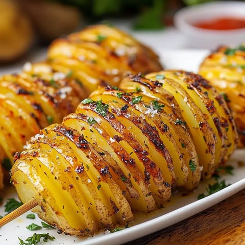 Close-up of grilled, spiral-cut potatoes garnished with herbs and served on a platter.