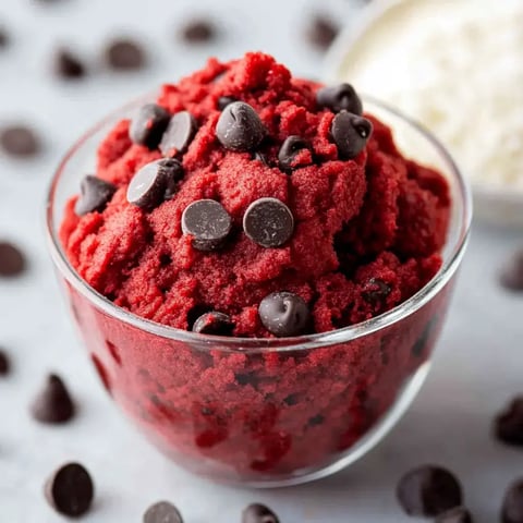 A bowl of red dessert topped with chocolate chips, surrounded by scattered chocolate chips on a surface.