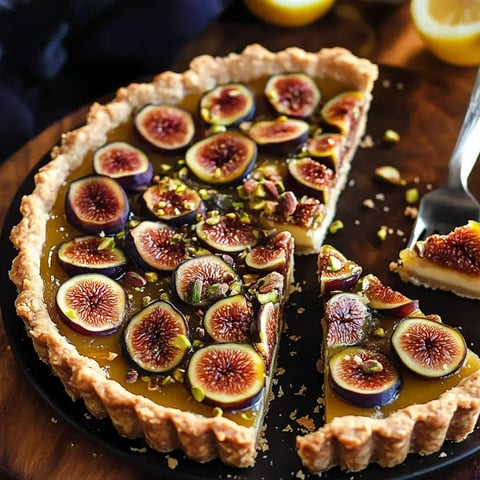 A sliced fig tart with a golden filling, topped with fresh figs and chopped pistachios, is displayed on a dark plate.