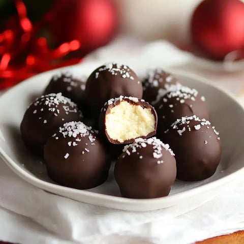 A plate of chocolate-covered desserts with a bite taken out of one, revealing a creamy filling and topped with coarse salt, set against a festive backdrop.