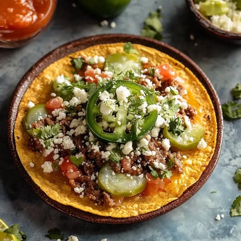A vibrant taco on a plate, topped with ground beef, fresh tomatoes, jalapeños, cilantro, and crumbled cheese, with additional ingredients in the background.
