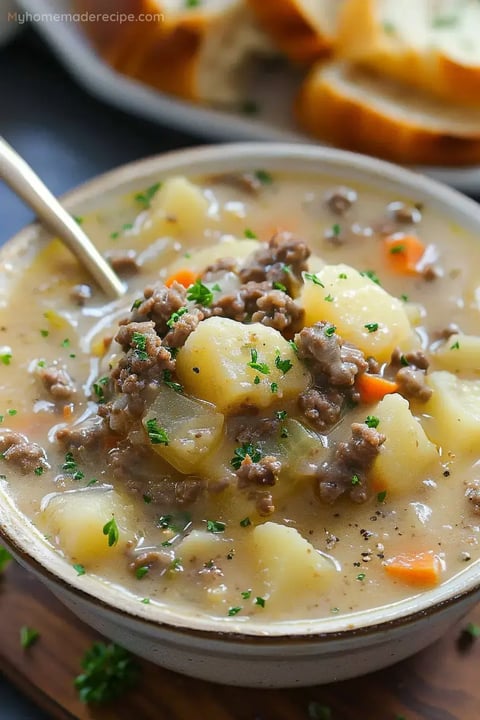 Bowl of creamy hamburger potato soup with vegetables