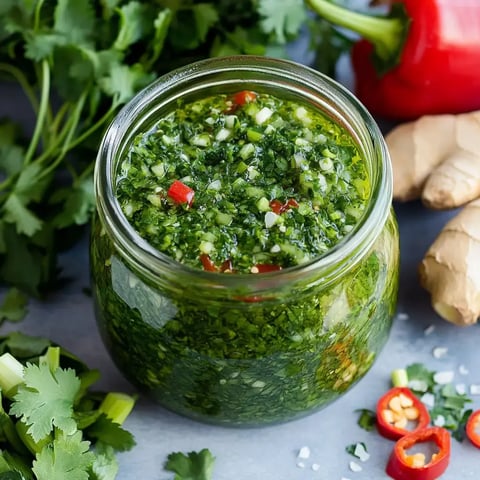 A glass jar filled with green herb sauce, surrounded by fresh cilantro, red chili peppers, and ginger on a light grey surface.