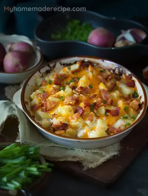 Cheesy Mississippi Mud Potatoes in a baking dish, garnished with green onions