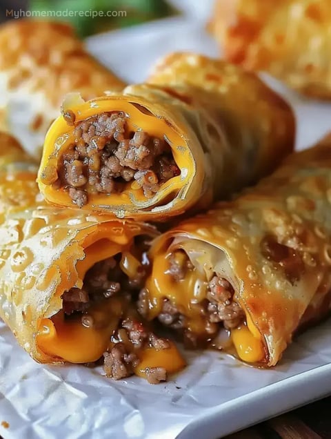 Cheeseburger eggrolls arranged on a plate, served with a dipping sauce