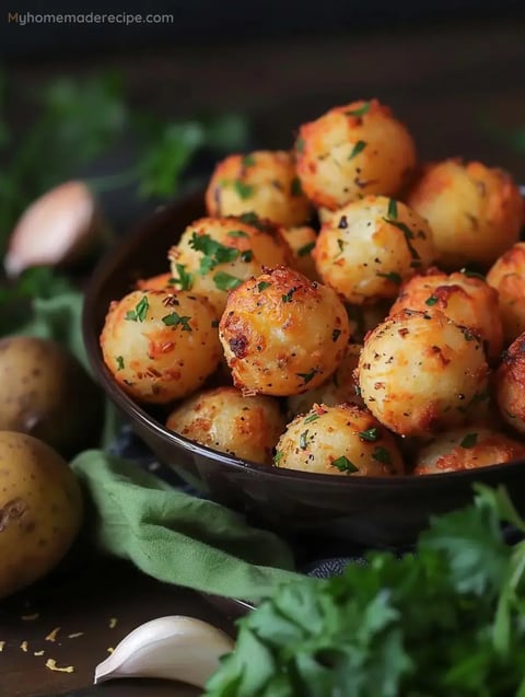 A plate of golden, crispy Garlic Potato Pops with garlic butter