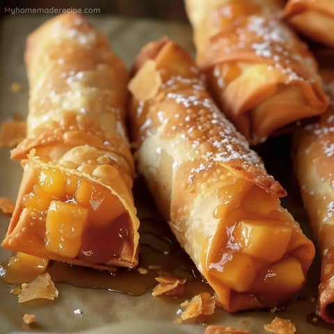 Golden Peach Cobbler Egg Rolls on a serving tray