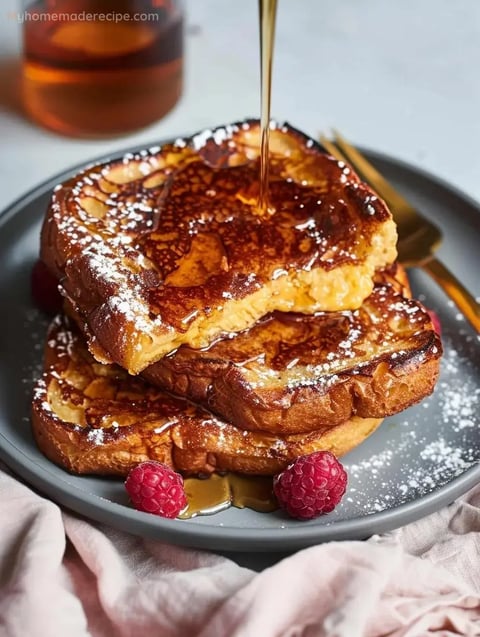 A dish of golden-brown Overnight Crème Brûlée French Toast topped with fresh berries