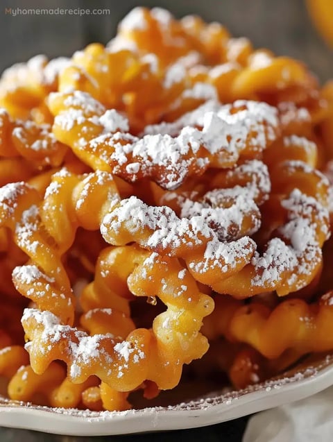 A stack of golden-brown funnel cakes dusted with powdered sugar.