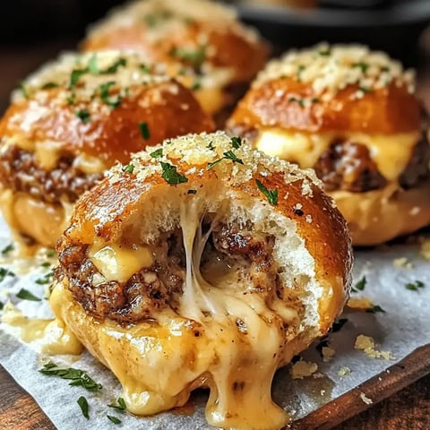 A close view of a flaky roll filled with gooey cheese and beef, topped with parsley and golden crumbs. There's a bite taken out of it, showing the melty inside.