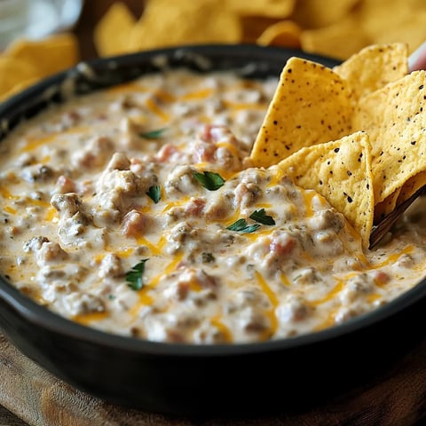 Hot ranch sausage dip made with creamy cheese, savory sausage, and ranch seasoning, perfect for party snacks.