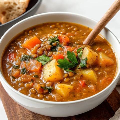 Hearty lentil and potato soup with tender veggies and rich spices, a comforting and wholesome dish for any day