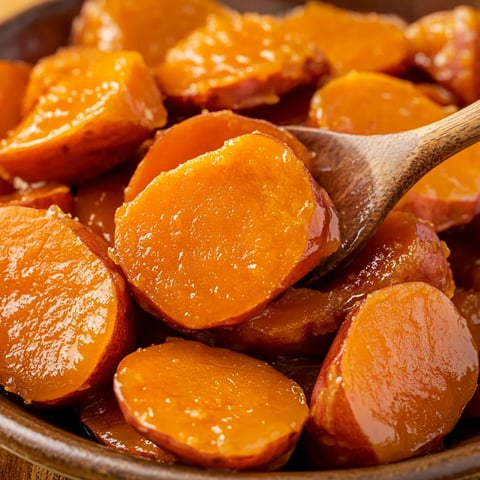 Sweet and tender Southern candied sweet potatoes, glazed with a rich, buttery syrup.