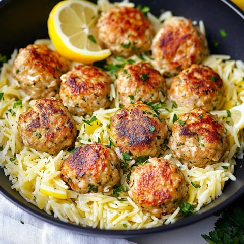 Juicy Greek chicken meatballs with zesty lemon orzo, a flavorful and easy dinner option.