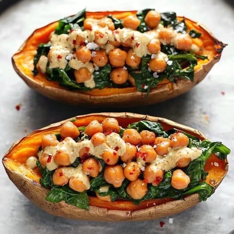 Baked sweet potatoes stuffed with chickpeas and spinach, a hearty and healthy meal.