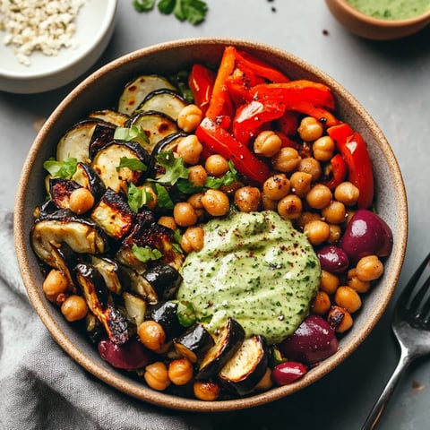 Mediterranean-inspired roasted chickpea and veggie bowls with herby green tahini sauce.