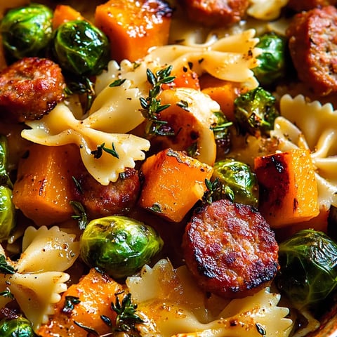 Cozy autumn dinner with sausage, pasta, Brussels sprouts, and sweet butternut squash.