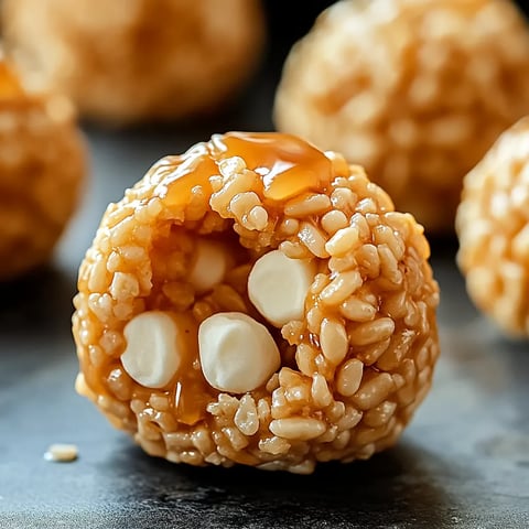 Sweet caramel marshmallow Rice Krispie balls, a fun and tasty snack.