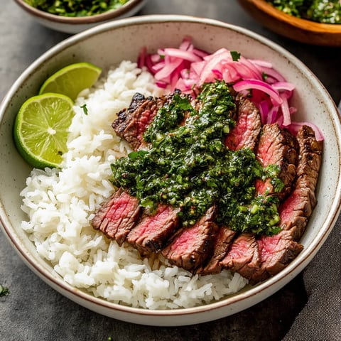 Savory skirt steak rice bowls topped with fresh chimichurri, a flavorful meal.