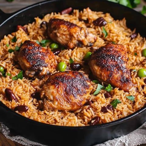 A delicious meal of rice and chicken with peas and beans.