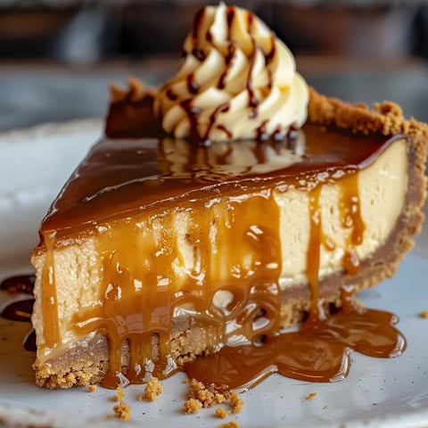 A slice of cheesecake with caramel sauce drizzled on top.