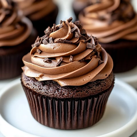 A chocolate cupcake with chocolate frosting.