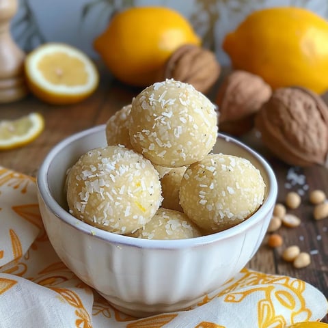 A bowl of rice balls with lemon wedges.