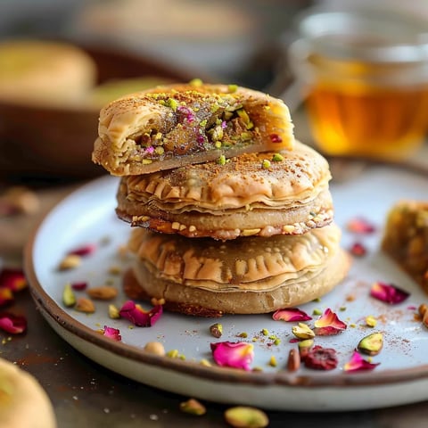 A plate of food with a jar of honey.