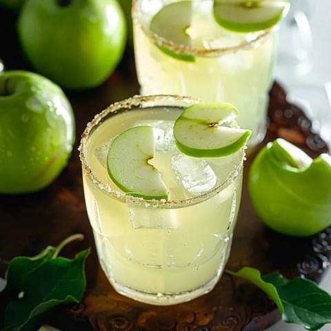 Two glasses of apple cider with slices of apple in them.