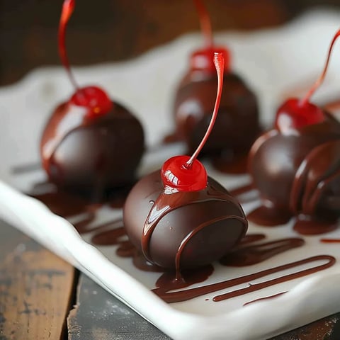 Chocolate covered cherries on a plate.