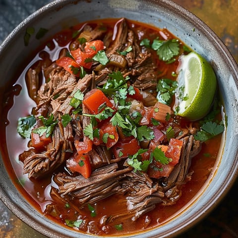 A bowl of beef stew with tomatoes and lime.