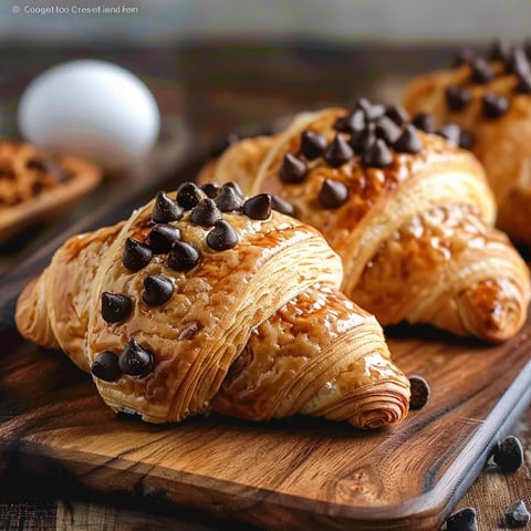 Two croissants with chocolate chips on a wooden tray.