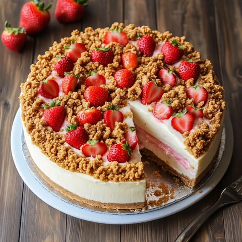 A slice of cake with strawberries on top.