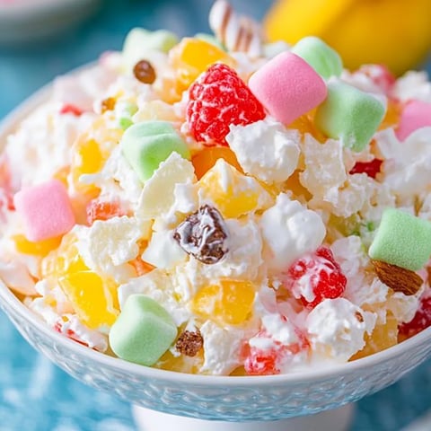 A bowl of fruit salad with marshmallows.