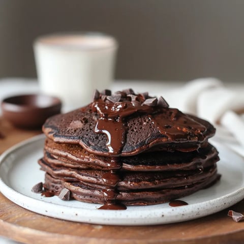 A stack of chocolate pancakes with chocolate syrup drizzled on top.