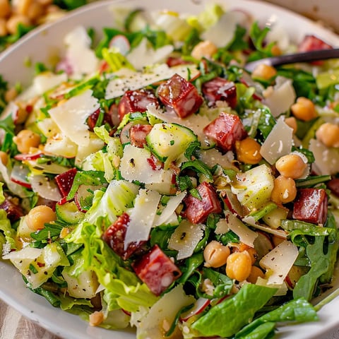 A bowl of salad with chickpeas, lettuce, and bacon.