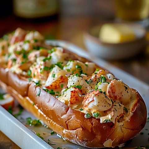 A lobster roll with butter and herbs.