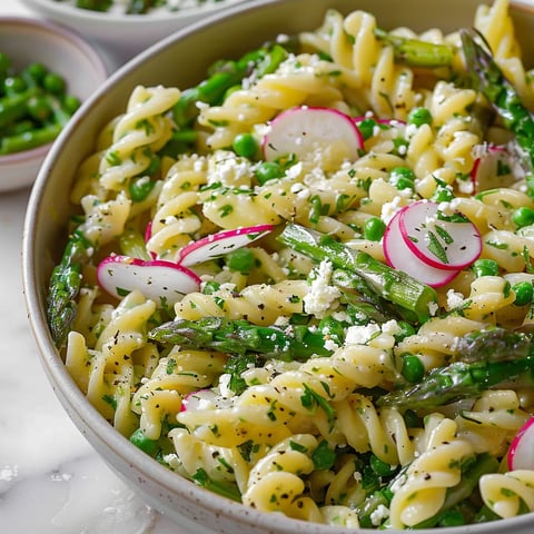 A bowl of pasta with peas and cheese.
