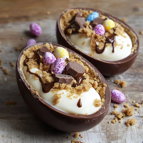 Two chocolate eggs with candy toppings.