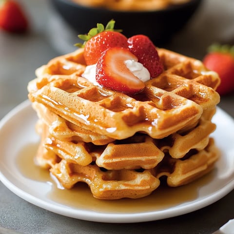 A stack of waffles with strawberries on top.