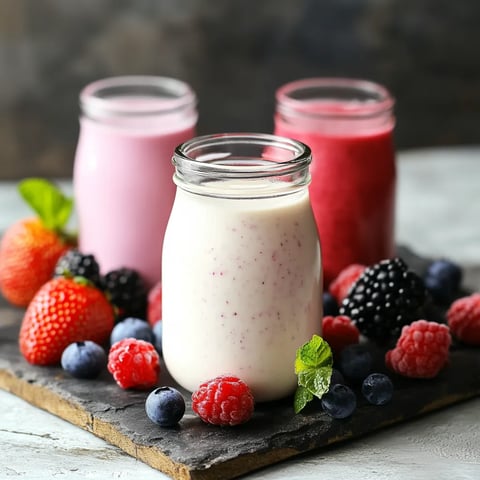 Three jars of yogurt with berries and strawberries.